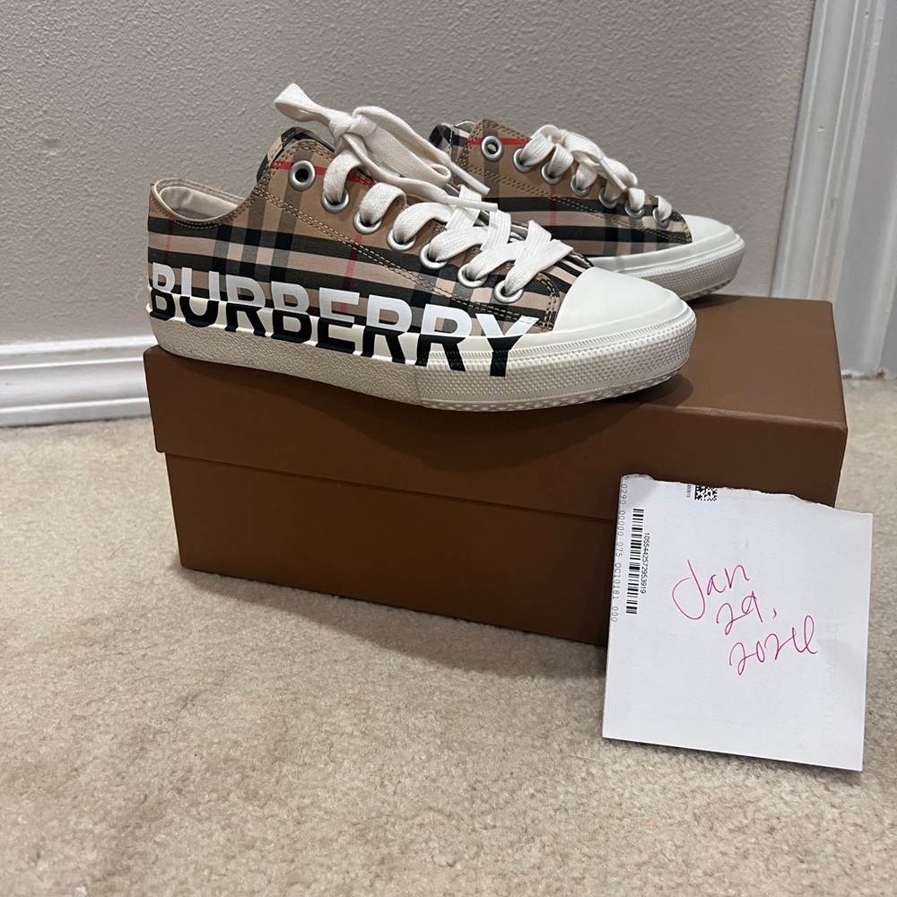 Burberry Tan and White Plaid Sneakers